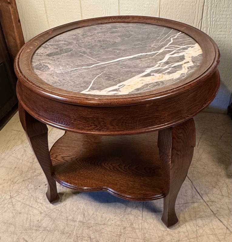 Antique Oak Low Round Lamp Table with Marble Insert gallery