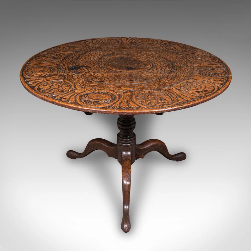 Antique Tarot Parlour Table, English, Oak, Zodiac Carving, Victorian, Circa 1870 gallery
