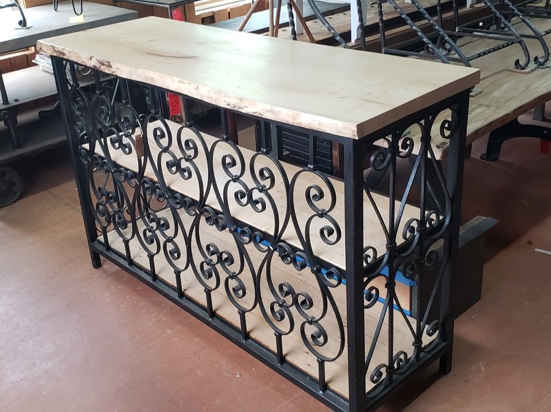 Custom Made Wrought Iron & Wood Console Table with 3 Shelves GS00408