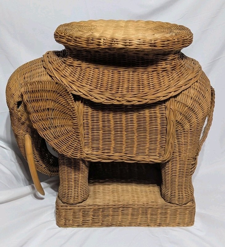 Vintage Boho Wicker Rattan Elephant Side Table Style of Mario Lopez Torres 1970s gallery
