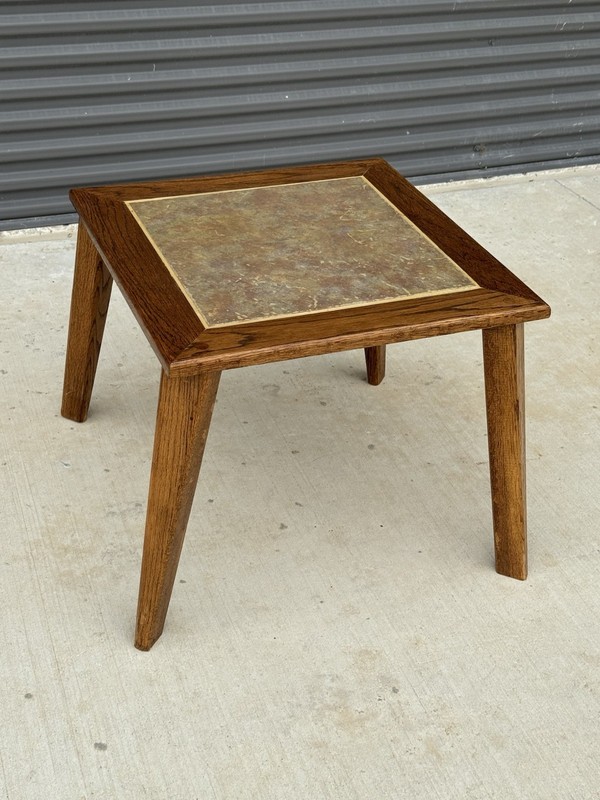Pair Mid Century Modern HANDMADE Ranch Oak & Inlaid Ceramic Tile Top Side Tables gallery