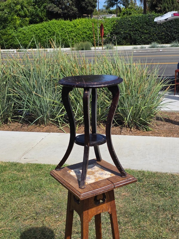 Antique Wood Plant Stand Parlor Table 16" Small Round Pedestal Slotted Screws gallery