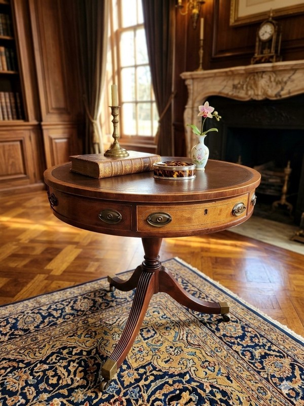 Antique Furniture English Sheraton George Style Mahogany Drum Center Table 32