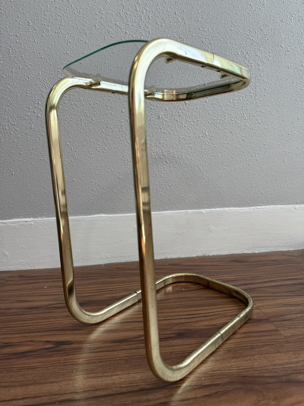 Vintage MCM Milo Baughman Style Brass Tone Glass Top Cantilever Side Table