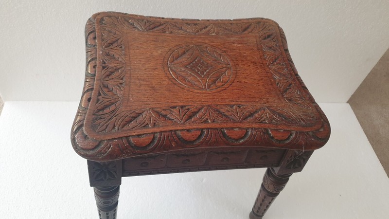Antique hand caved side table /display Stool Beautifully Carved Oak Top 1880s