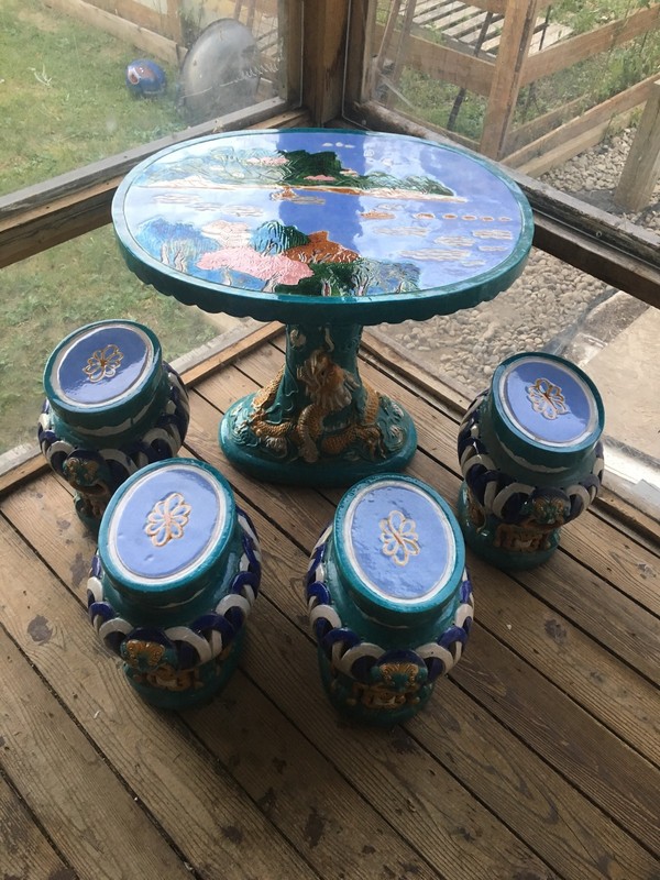 VTG Art Asian Dragon Foo Dog Ceramic Pool Garden Patio Display Table 1979 1980