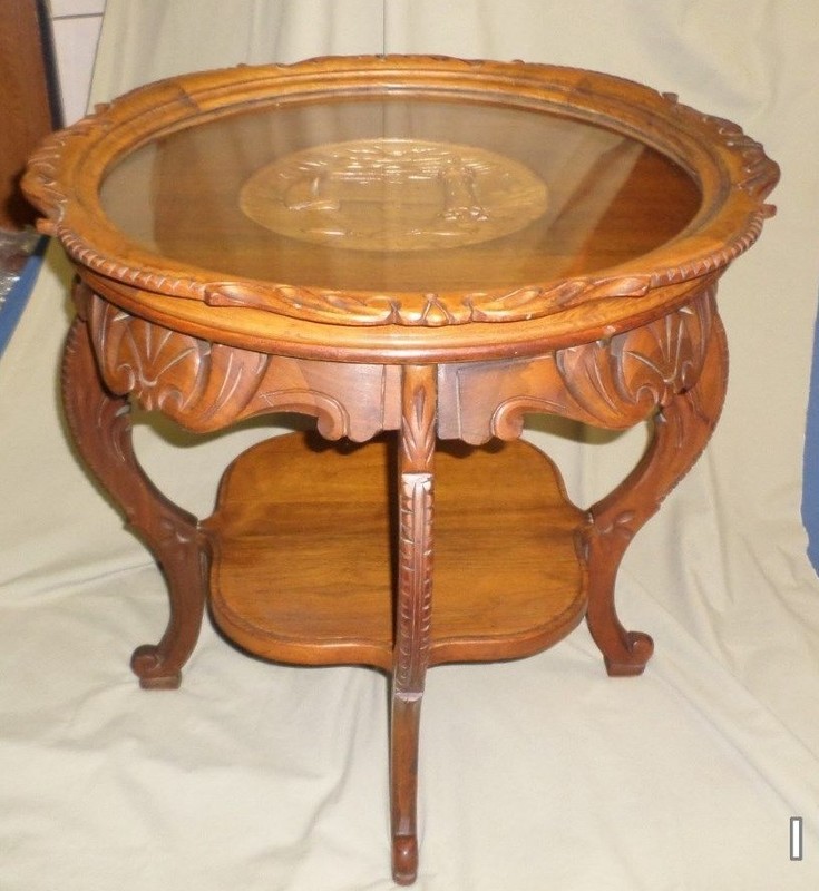 1514M Vtg Victorian Walnut End Occasional Table Carved Lighthouse Glass Top Tray