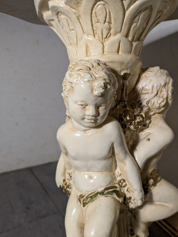 Vintage Hollywood Italian Regency Cherub Pedestal Table Scalloped Faux Marble C2 gallery