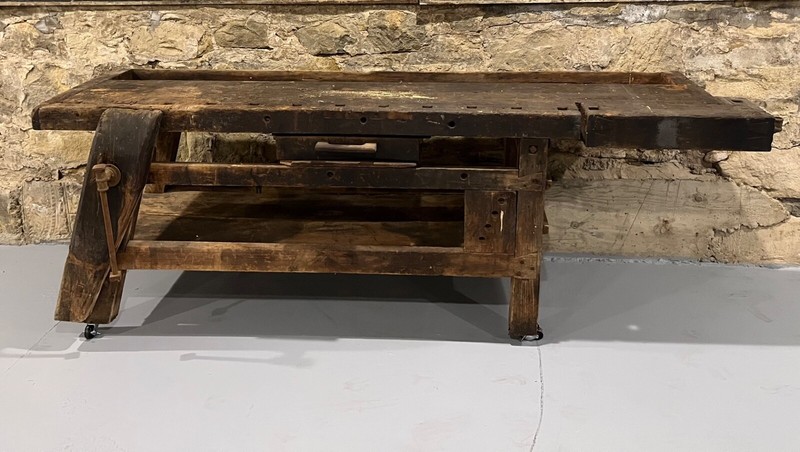 Large Antique Workbench Table With Drawer Wood Working Bench With Vise