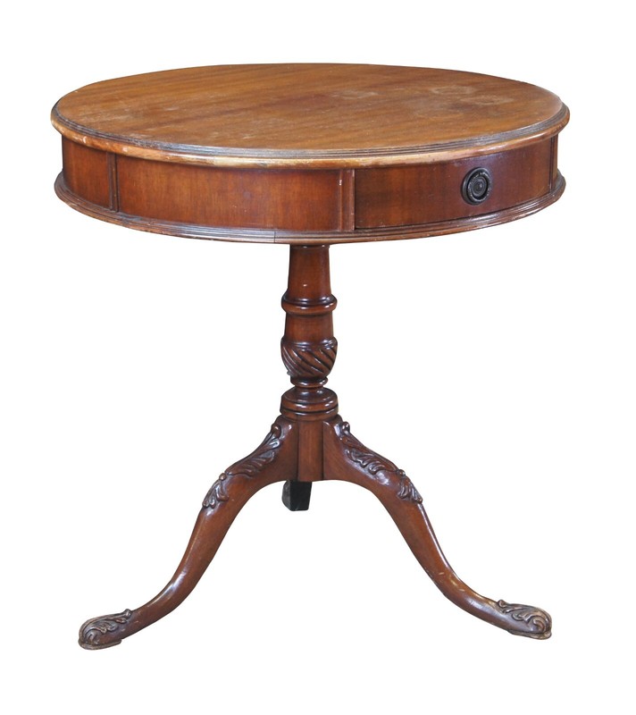 Antique English Georgian Style Mahogany Round Pedestal Drum Side Table Drawer gallery