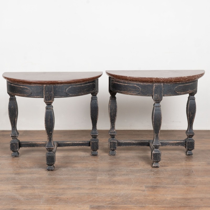 Pair Early 19th Century Swedish Baroque Stone Top Demilune Console Tables gallery