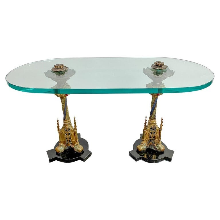 Italian Gothic Renaissance Style Brass Pedestals and Glass Top Coffee Table