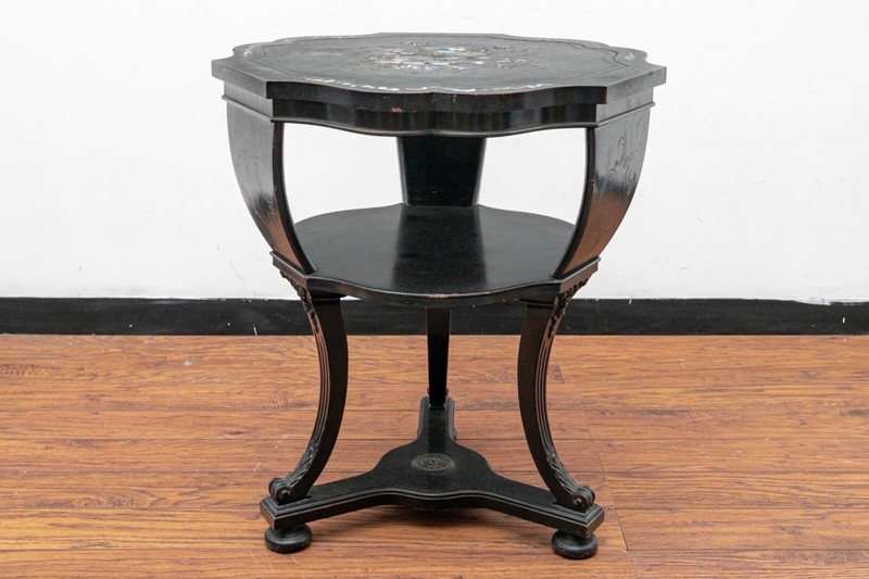 Vintage Chinoiserie Style Ebonized Inlaid Side Table