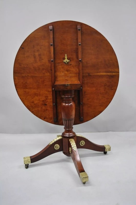 19th C. French Empire Style Round Mahogany Bronze Mount Tilt Top Center Table gallery