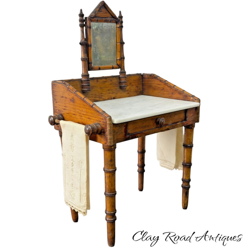Antique victorian miniature doll size Childs faux bamboo marble top washstand