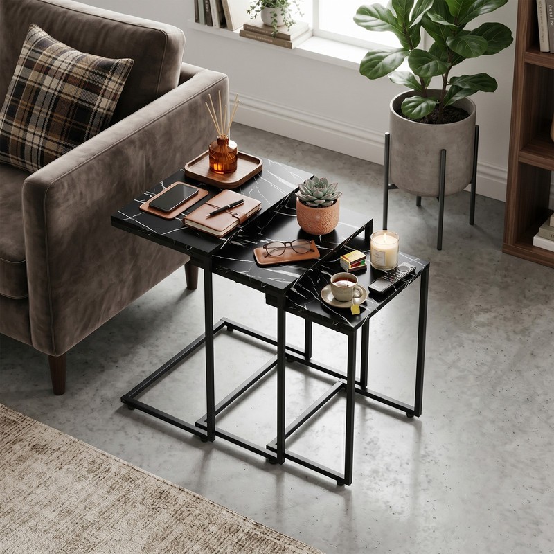 Stackable Set of 3 End Table Black C-shaped Coffee Nesting Table w/Metal Frame gallery