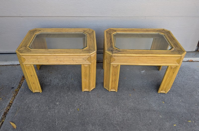 Vintage Pair of Boho Chic Bamboo Rattan Pencil Reed Tables Mid Century Modern gallery