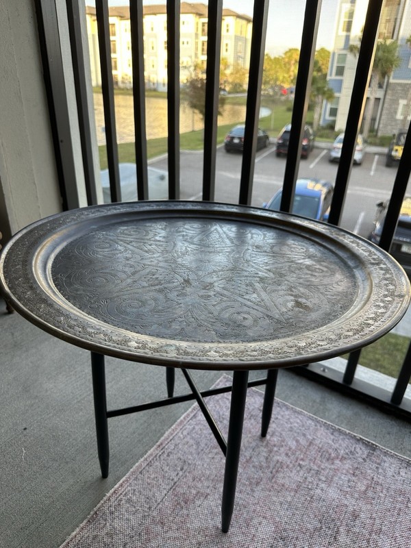 Vintage Brass Tray Table with Hand-Engraved Design & Black Wooden Legs –Moroccan gallery