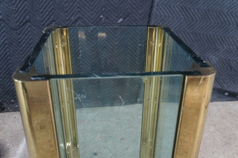 Hollis Jones Style Hollywood Regency Beveled Glass Brass Dining Breakfast Table gallery