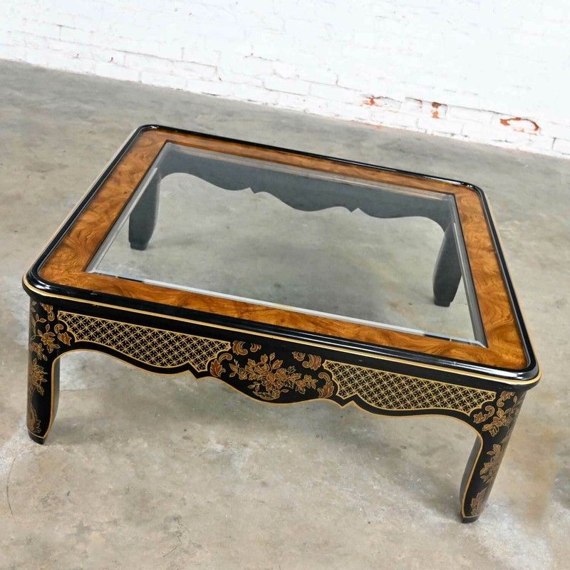 Drexel Heritage ET Cetera Collection Chinoiserie Black Gold Burl Coffee Table gallery