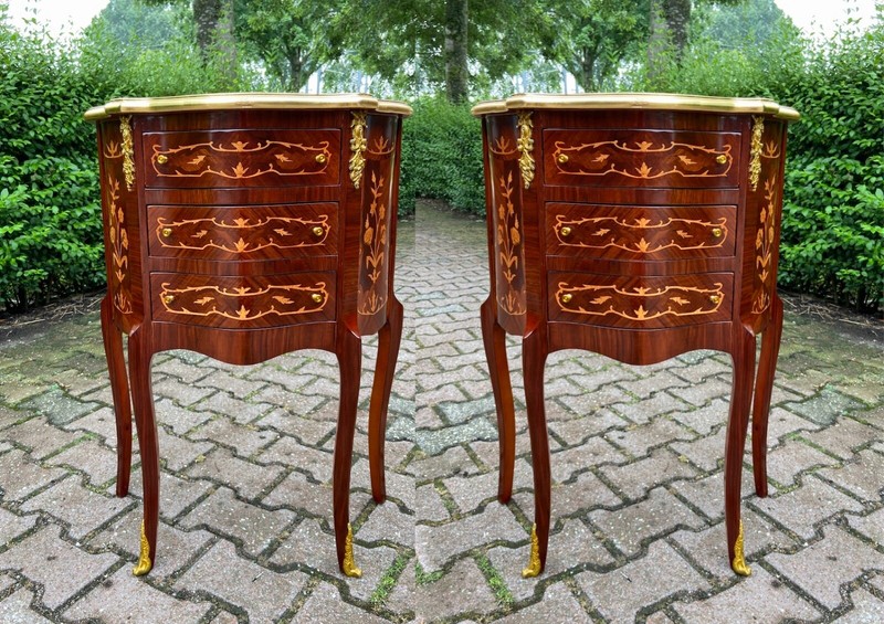 Night Stands Commodes Pair French Louis XVI Mahogany Inlay Vintage Set of 2.
