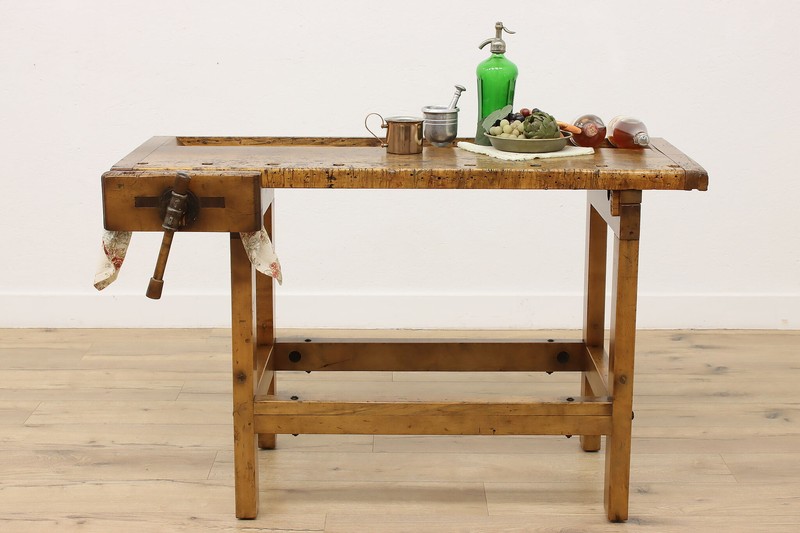Farmhouse Antique Maple Workbench Kitchen Island Wine Table #52558 gallery