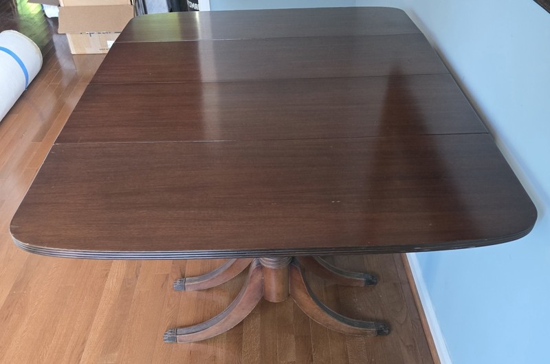 Antique Duncan Phyfe Style Triple Pedestal Mahogany Drop-Leaf Dining Table Claw gallery