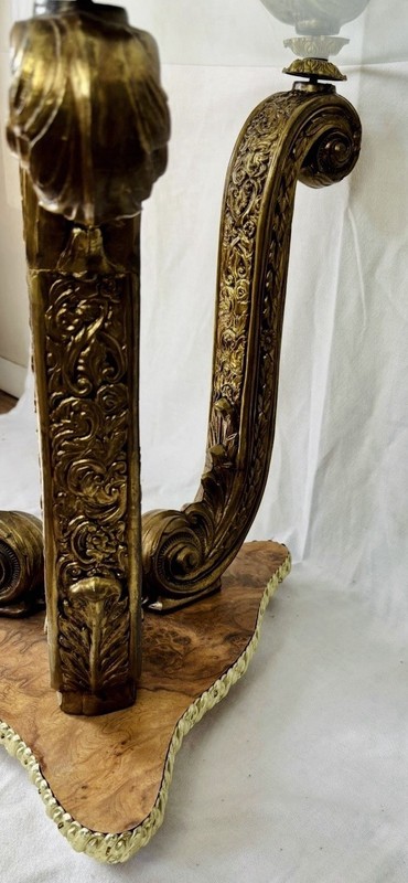 Exquisite Hollywood Regency Carved Gilt Side Table Brass Glass Top Burl Wood gallery