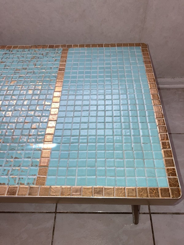 Mid-Century Turquoise Porcelain Mosaic Tile Top Coffee Table Brass Legs gallery