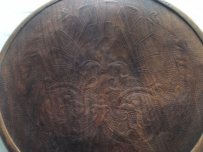 Antique carved wood table top 16 in. diameter with bent oak border gallery