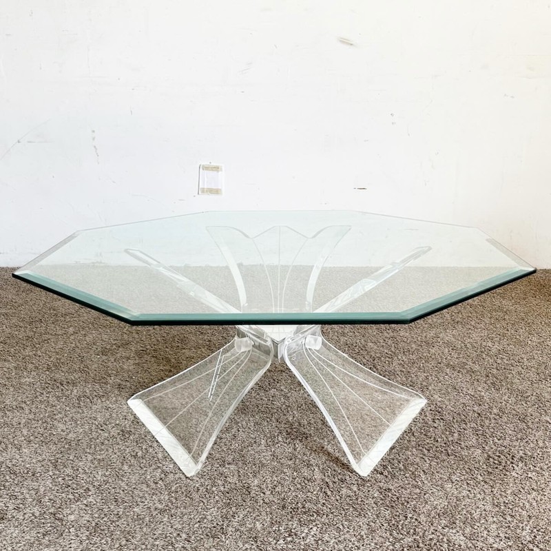 Postmodern Octagonal Beveled Glass Top Lucite Coffee Table