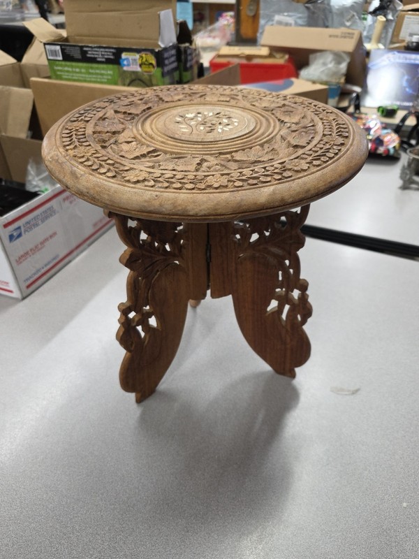Hand Carved Inlaid Wood 2 Piece Ornate Table/Plant Stand- 11-1/2″ dia & 12-1/2″T