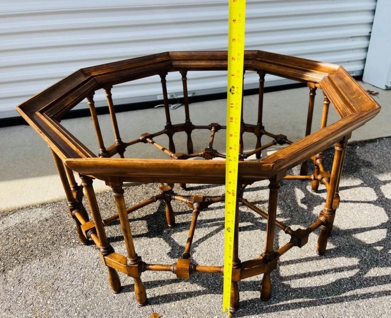 Vintage RARE Octagonal Coffee Table With Sunken Glass Top Dark Wood Spindle Legs gallery