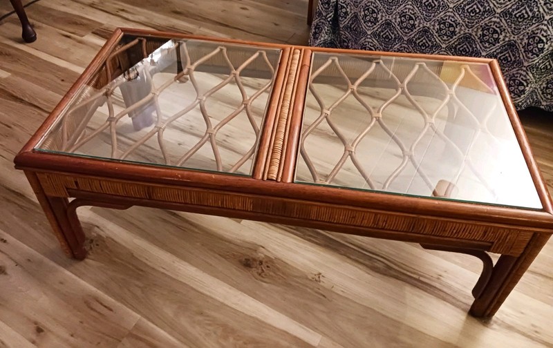 Vintage Rattan Rectagular Glass Coffee Table And Matching Side Table