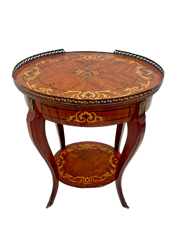 French Oval Table Entry Stand Shelf Drawer Geometric Inlays Hand painted Floral gallery