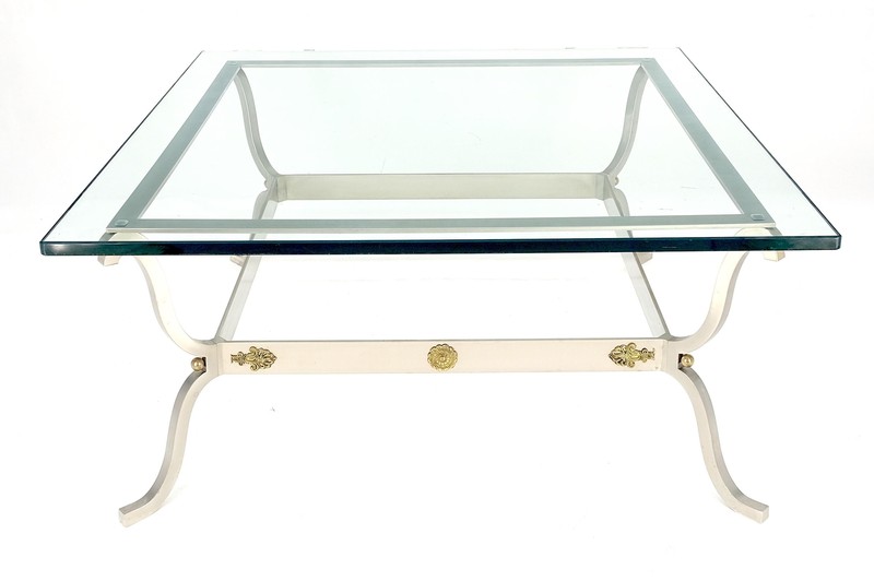 Jansen Atr. Brushed Steel Brass Mounts Rosettes Square 3/4" Glass Coffee Table gallery