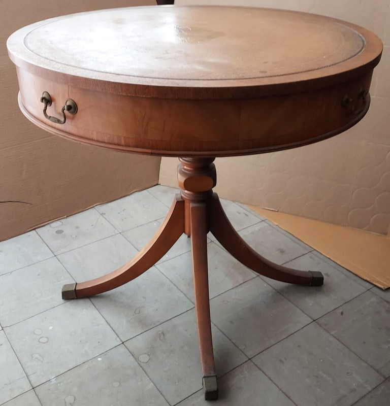 Vintage Wood Leather Top Drum Table, Used, Accent/Side table, One Drawer gallery