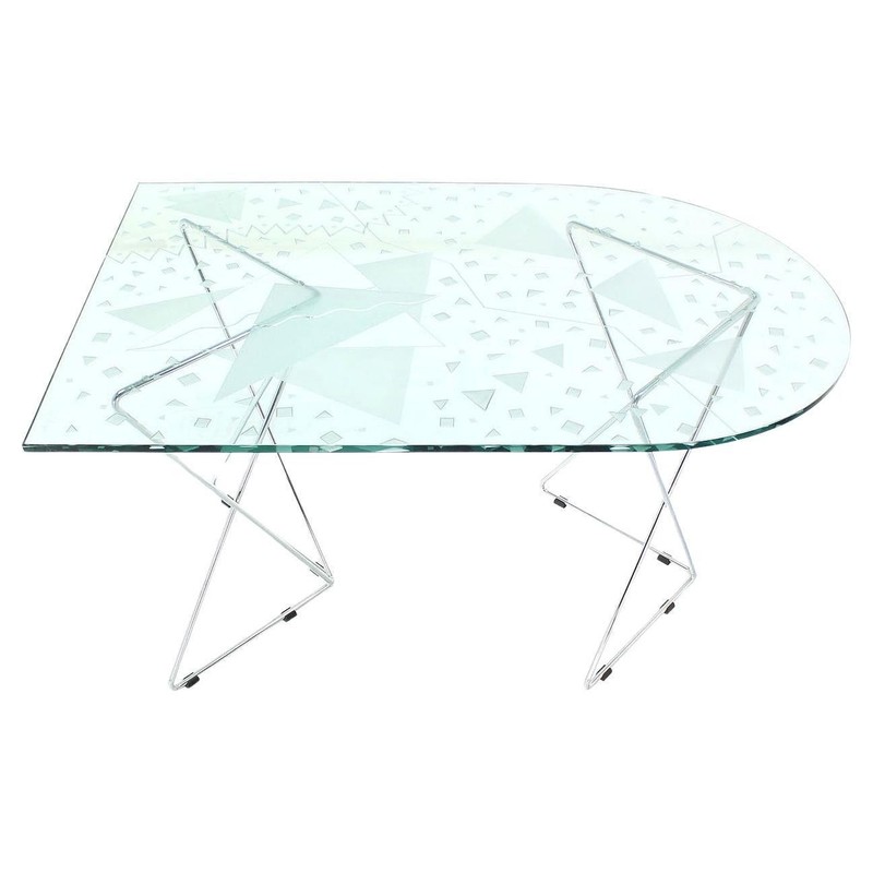 George Rodrigue Art Glass Top Dining Table with Chrome Wire Base Artist Signed