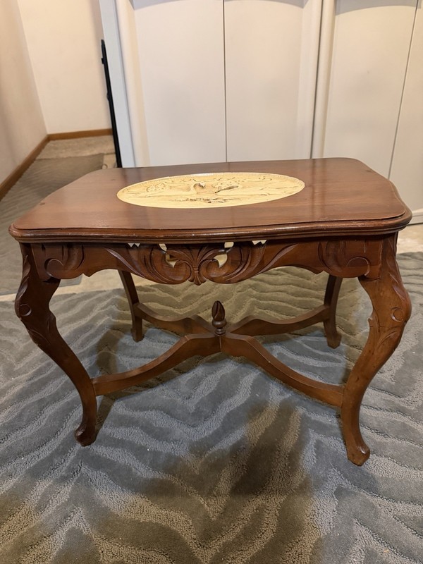 Antique Victorian Accent Table Swan Carving Removable Glass Top Ornate Legs gallery