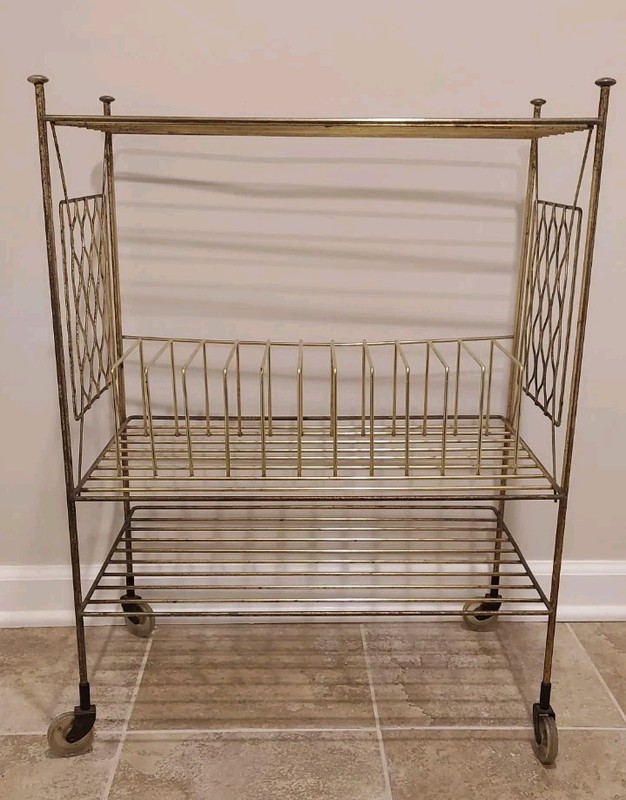 Vintage MCM Brass Metal Wire Magazine Record Rolling Table