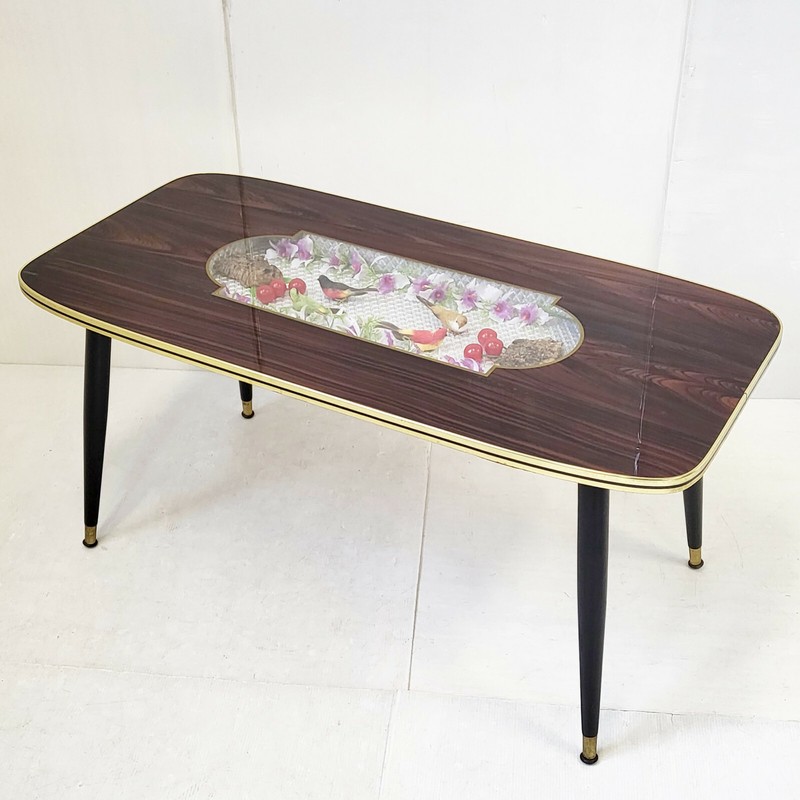 Vintage Coffee Table With Birds 1960 Wood Glass & Formica 60S 1960S