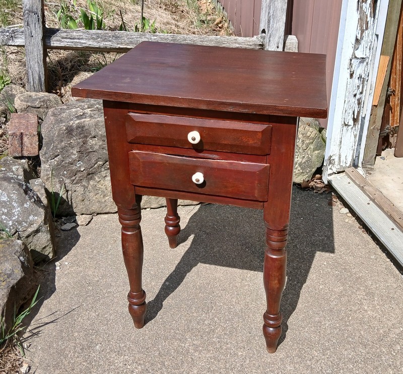 Antique Primitive Two Drawer Stand in Old Dark Red Finish 1850s Era gallery
