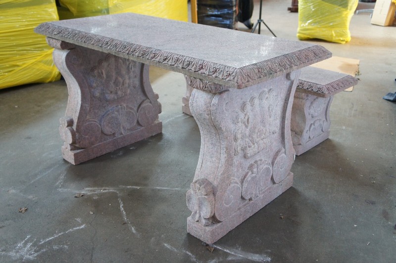 Vintage Italian Granite Carved Stone Outdoor Picnic Dining Table & Benches 50" gallery