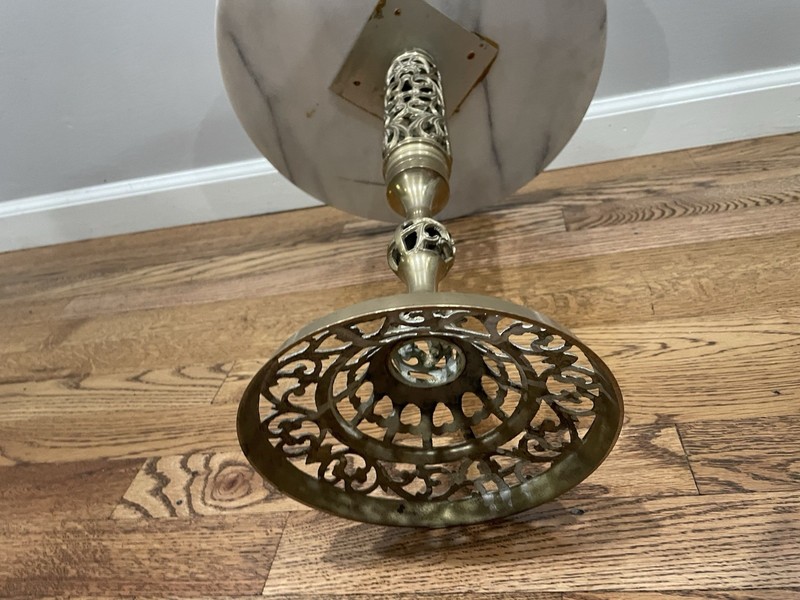 Vintage Brass Filigree And Marble Top Pedestal Side Table 17-1/2” Tall NL gallery