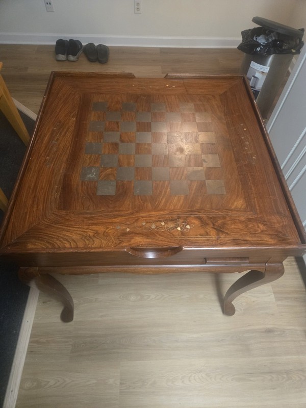 Antique Wood Card/Game Table, Brown Inlaid Chessboard Top Backgammon w/ 4 chairs