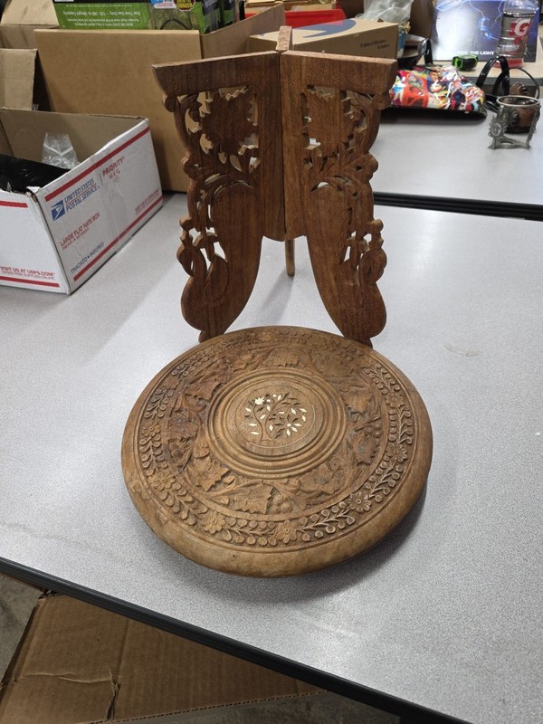 Hand Carved Inlaid Wood 2 Piece Ornate Table/Plant Stand- 11-1/2" dia & 12-1/2"T gallery