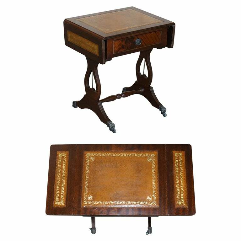 VINTAGE BROWN LEATHER GOLD LEAF SIDE END TABLE EXTENDING TOP GREAT GAMES TABLE