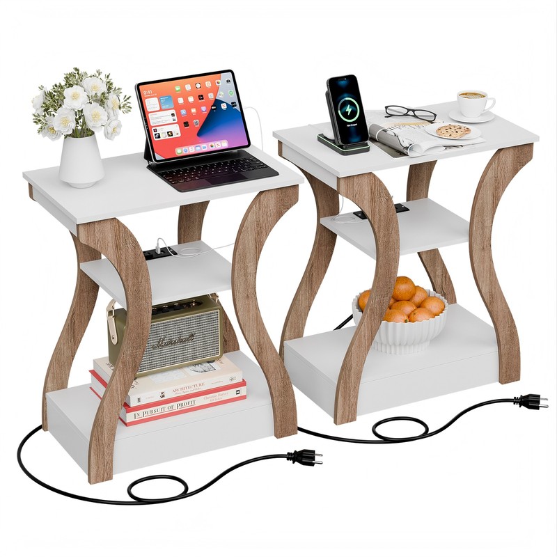 2PCS End Table w/ Charging Station Narrow Side Table for Living Room White+Wood