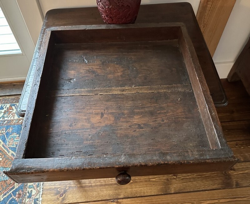 Authentic RARE 18th century French walnut single drawer table c 1760 wooden pins gallery