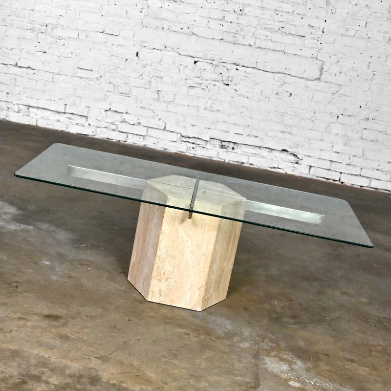 Modern to Postmodern Coffee Table Travertine Hexagon Base Glass Rectangle Top